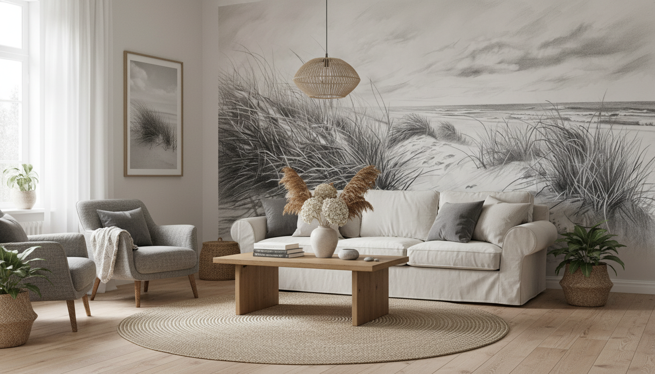 Papier peint panoramique noir et blanc avec paysage graphique pour une décoration murale élégante et contemporaine.