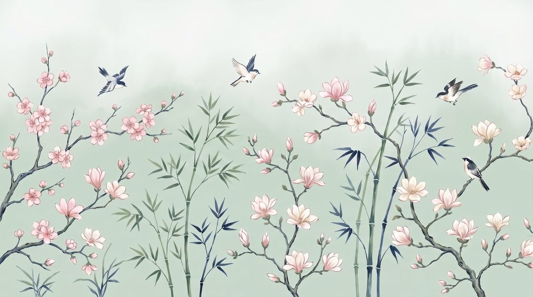 Magnolias et Bambous Céladon - papier peint panoramique, motif à plat