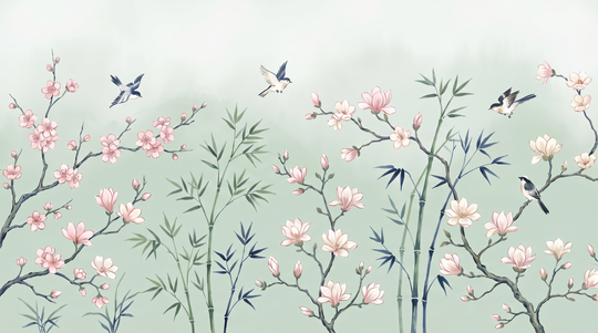 Magnolias et Bambous Céladon - papier peint panoramique, motif à plat