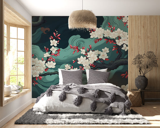 Asian Elegance: Panoramic Floral Wallpaper