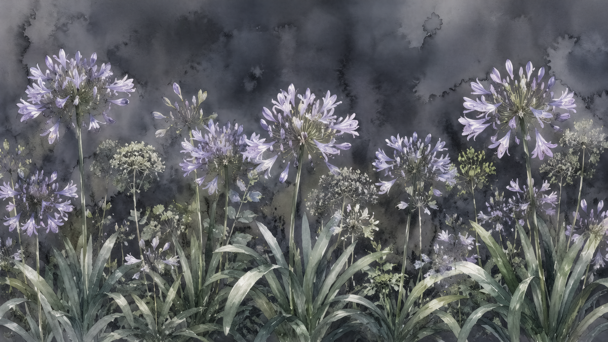 Agapanthes au Clair de Lune - papier peint panoramique, motif à plat