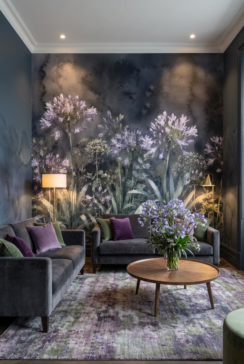 Papier peint panoramique floral aquarelle avec agapanthes lilas sur fond gris sombre