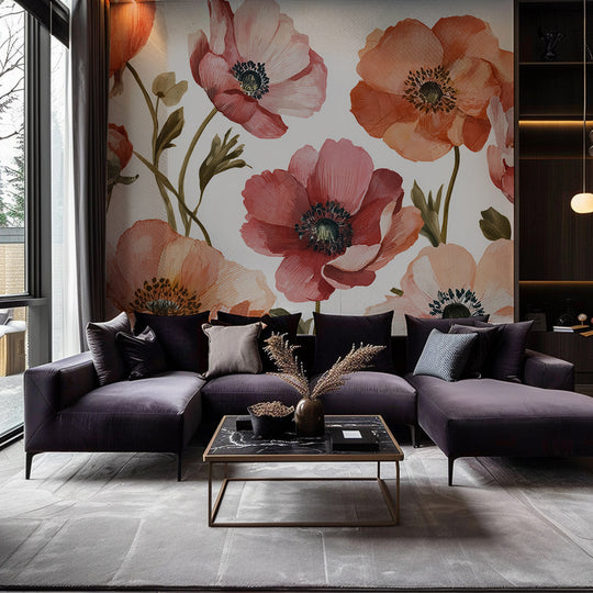 Anémones vibrantes – Papier peint fleuri aux nuances chaudes