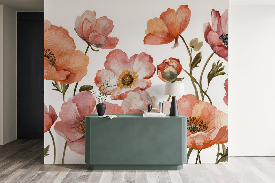 Anémones vibrantes – Papier peint fleuri aux nuances chaudes