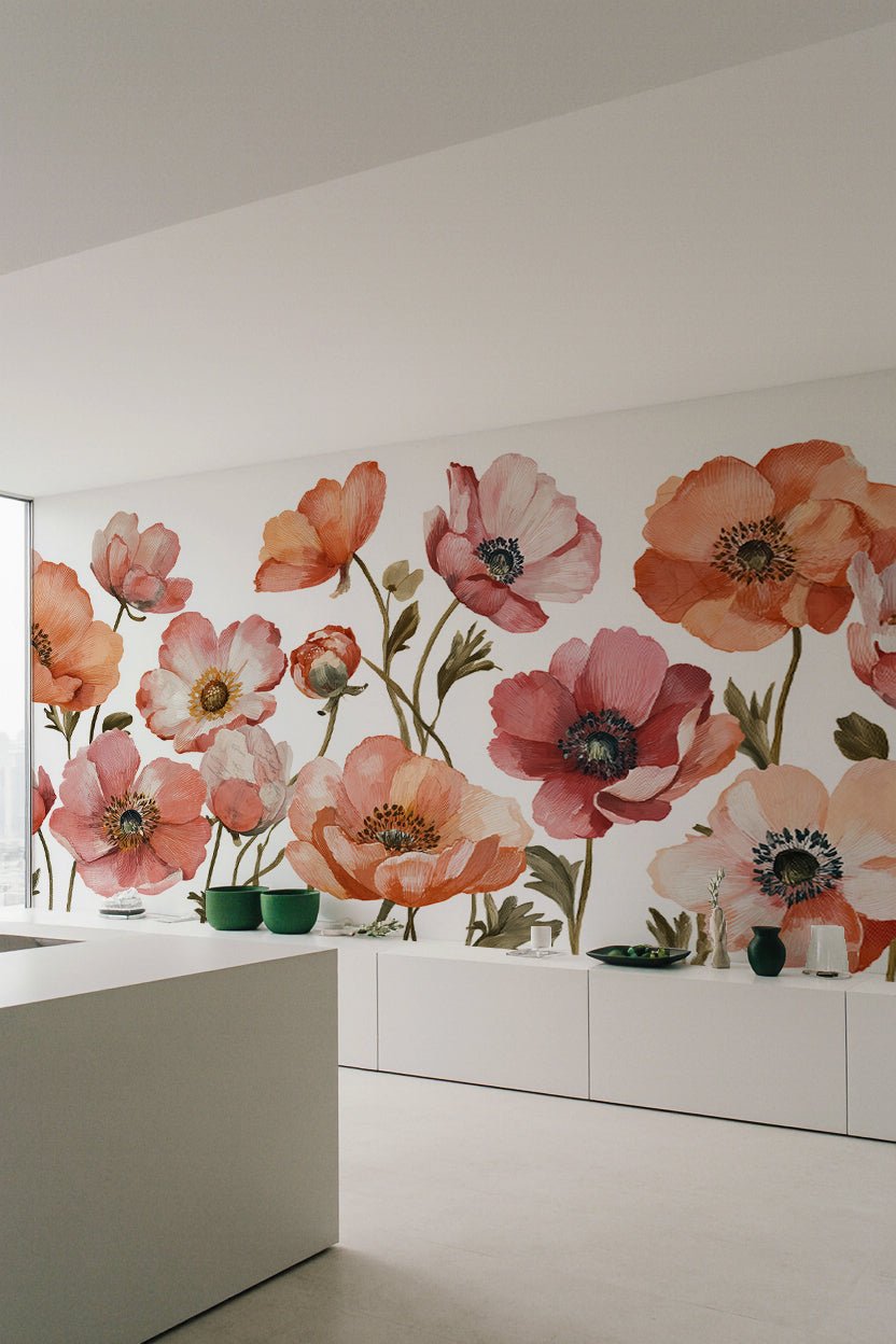 Anémones vibrantes – Papier peint fleuri aux nuances chaudes