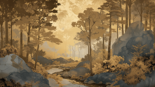 Aube forestière dorée - papier peint panoramique, motif à plat