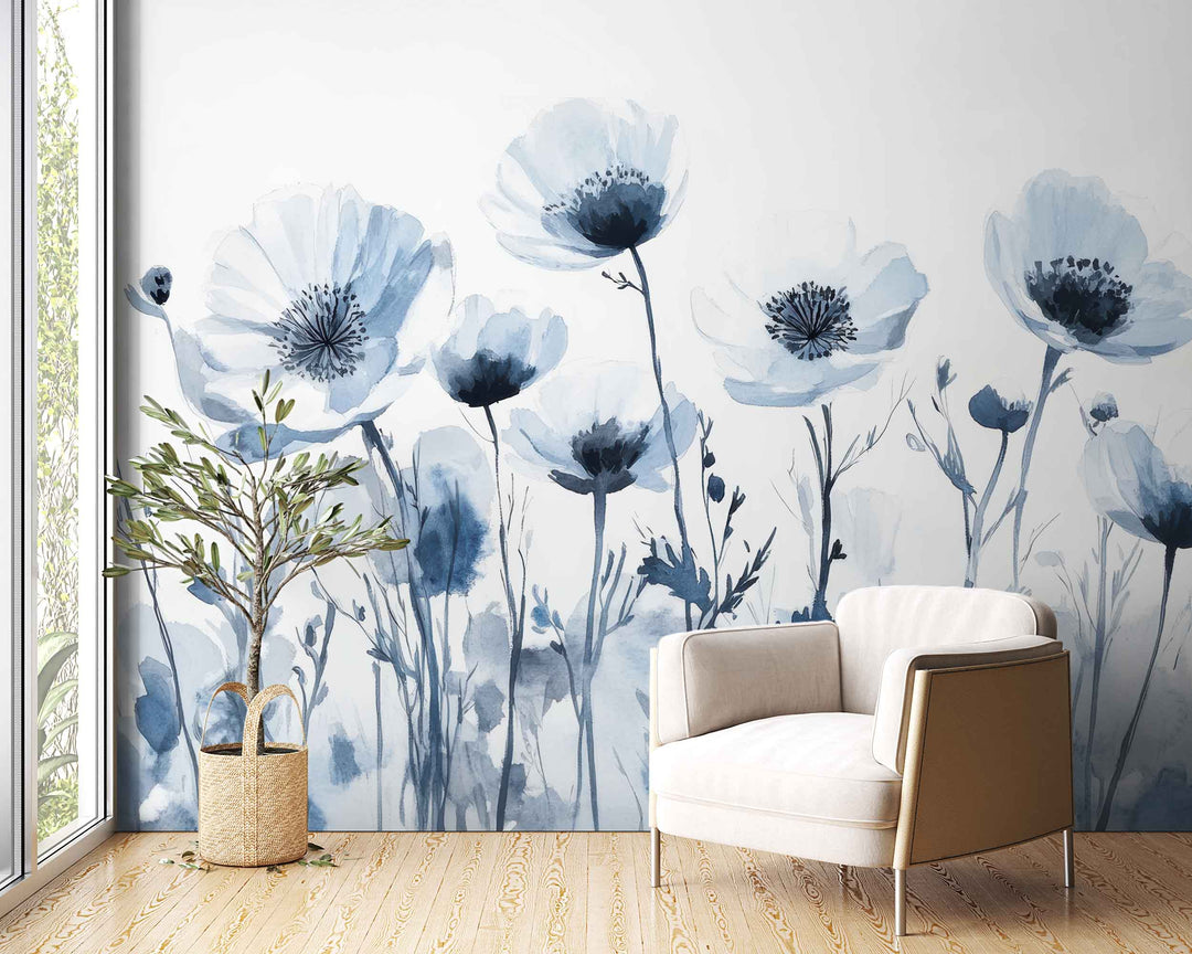 Bleu Poétique : Papier Peint Panoramique Floral en Aquarelle Bleu-Gris