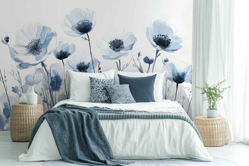 Bleu Poétique : Papier Peint Panoramique Floral en Aquarelle Bleu-Gris