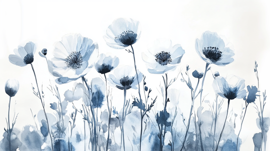 Bleu Poétique : Papier Peint Panoramique Floral en Aquarelle Bleu-Gris