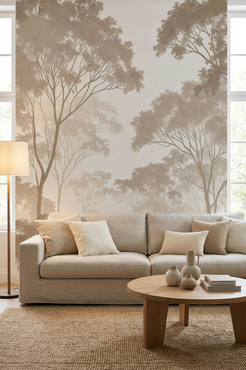 Papier peint panoramique forêt lumineuse avec grands arbres beige sur fond clair