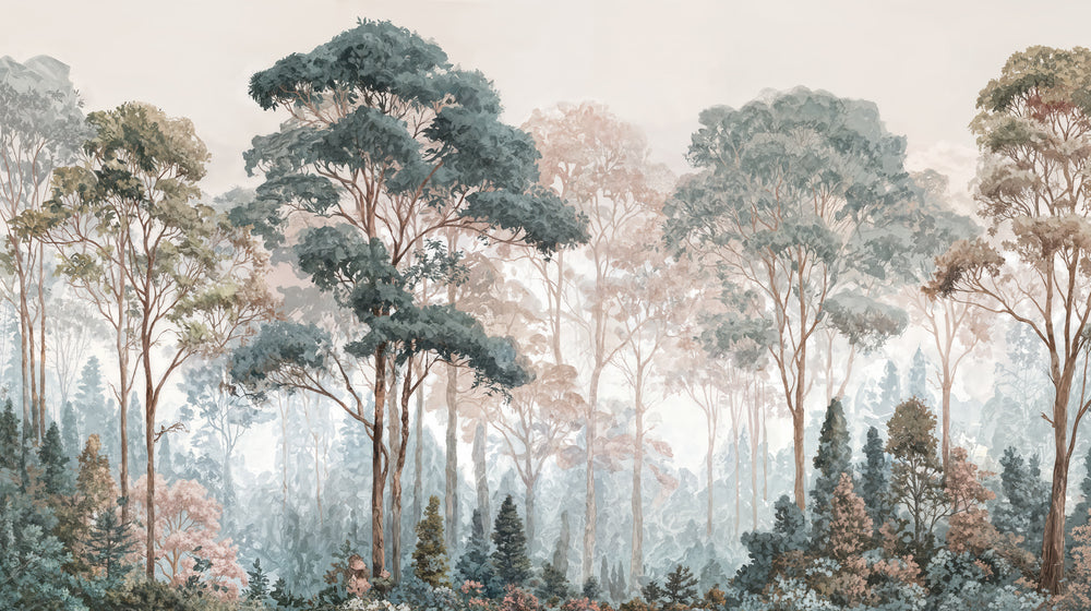 Brume pastel au lever du jour – Papier peint panoramique forêt