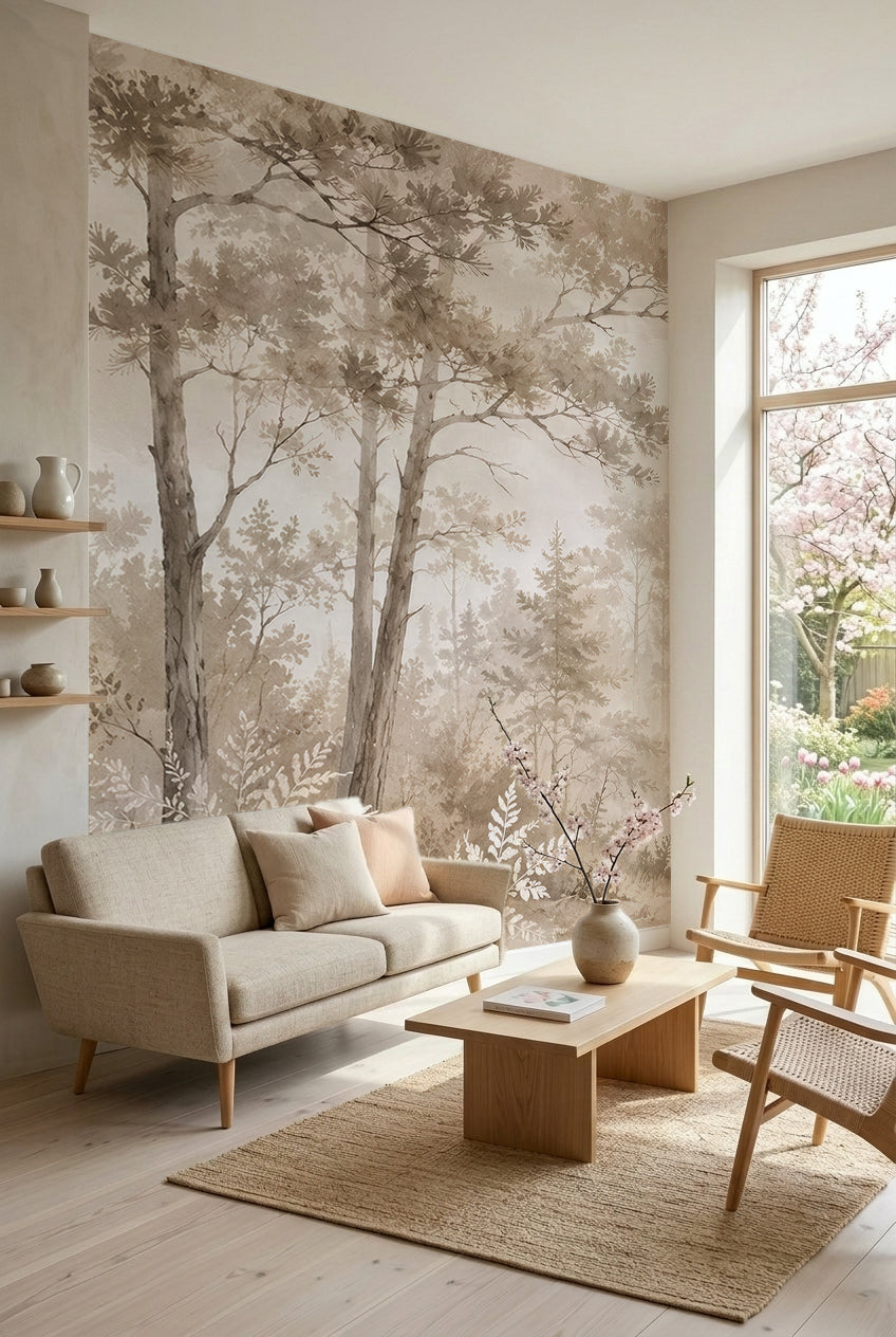 Papier peint panoramique forêt brumeuse beige avec grands arbres et sous-bois délicat