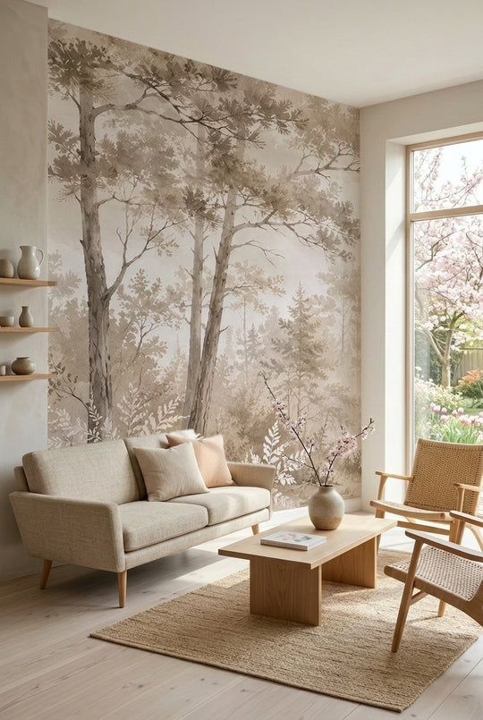 Papier peint panoramique forêt brumeuse beige avec grands arbres et sous-bois délicat