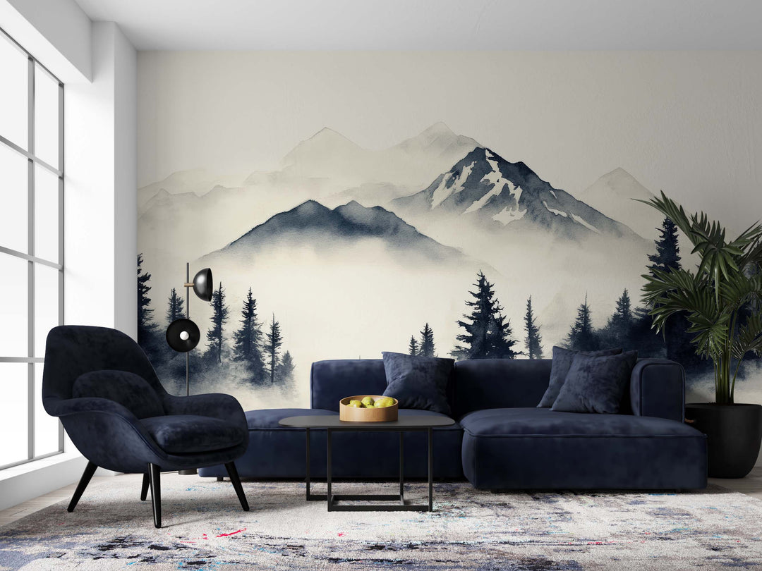 Brumes des sommets –  papier peint panoramique Évasion montagne en aquarelle