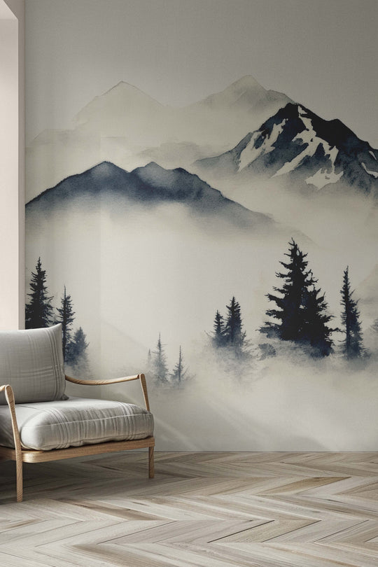 Brumes des sommets –  papier peint panoramique Évasion montagne en aquarelle