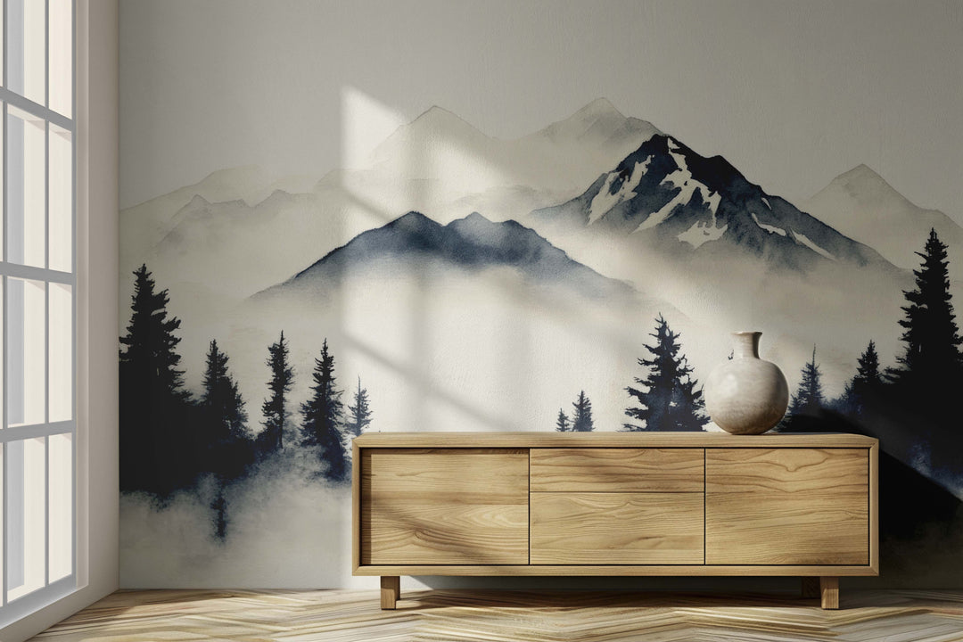 Brumes des sommets –  papier peint panoramique Évasion montagne en aquarelle