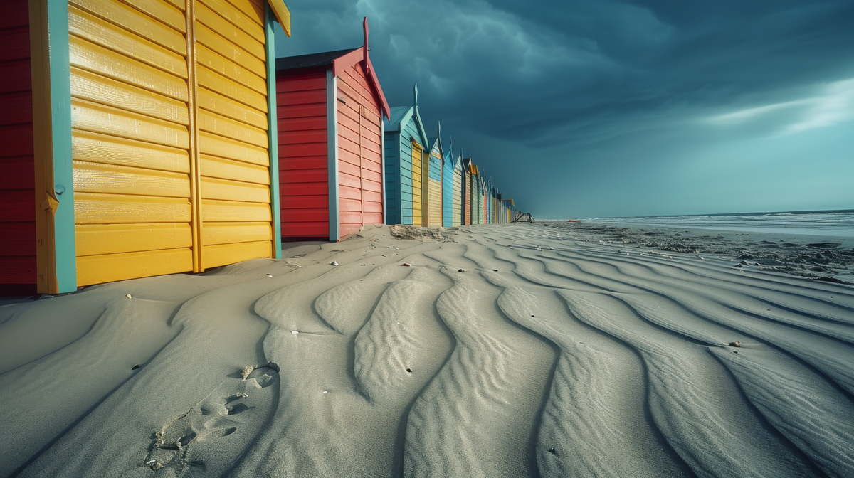 Cabanes de plage en couleurs - papier peint panoramique, motif à plat