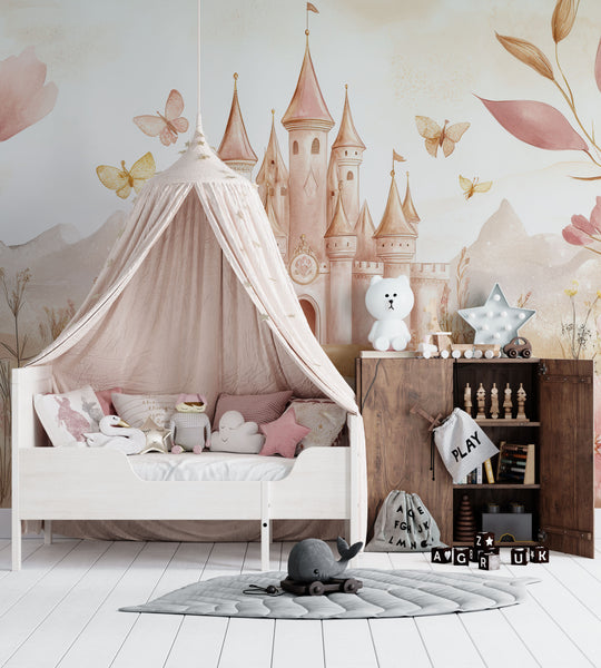 Pastel Castle and Floral Nature - Children's Panoramic Wallpaper