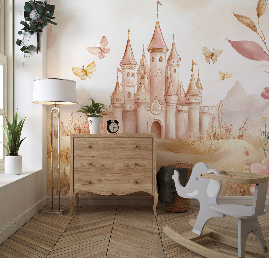 Pastel Castle and Floral Nature - Children's Panoramic Wallpaper