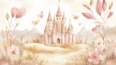 Pastel Castle and Floral Nature - Children's Panoramic Wallpaper