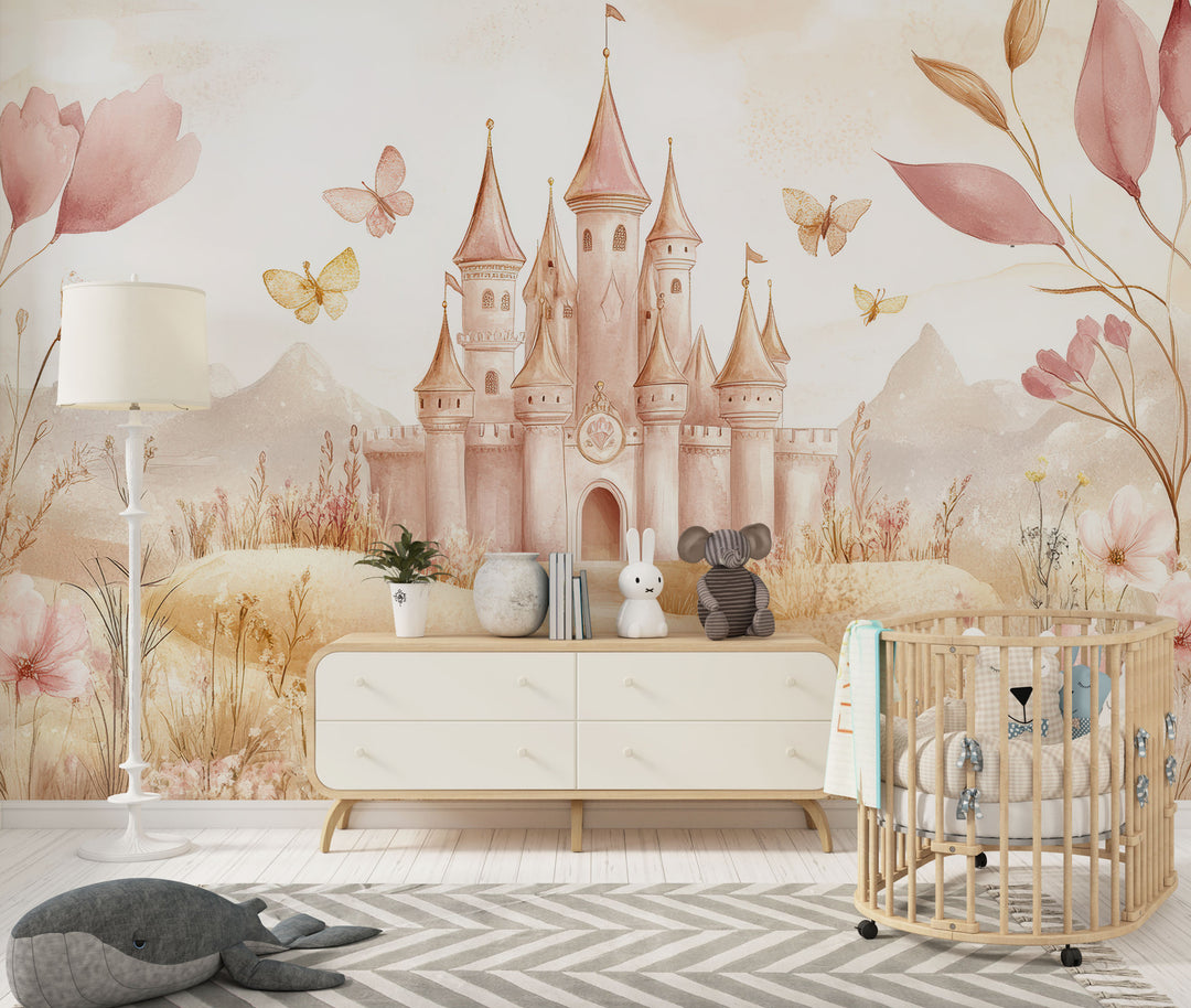 Pastel Castle and Floral Nature - Children's Panoramic Wallpaper