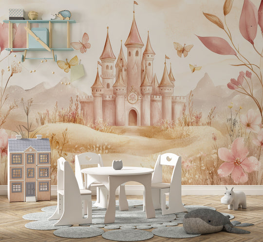 Pastel Castle and Floral Nature - Children's Panoramic Wallpaper