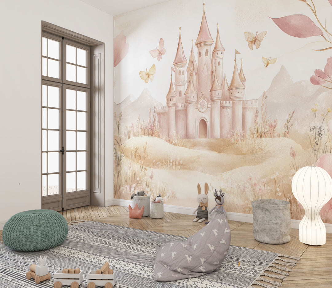 Pastel Castle and Floral Nature - Children's Panoramic Wallpaper