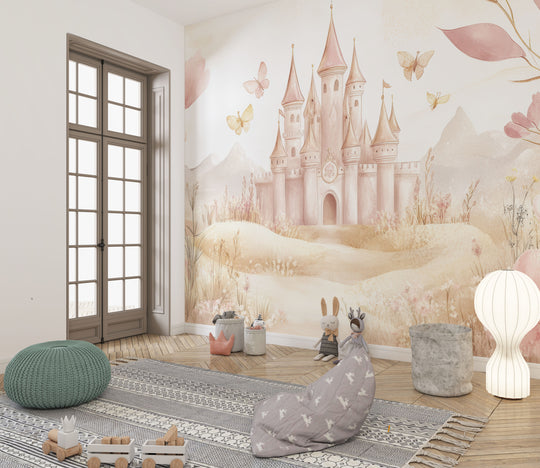 Pastel Castle and Floral Nature - Children's Panoramic Wallpaper