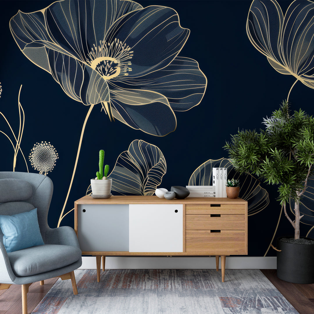 Cosmos Épanouis: Panoramic Midnight Blue Wallpaper with Floral Patterns