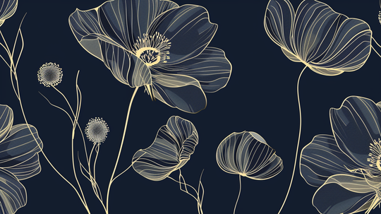 Cosmos Épanouis: Panoramic Midnight Blue Wallpaper with Floral Patterns