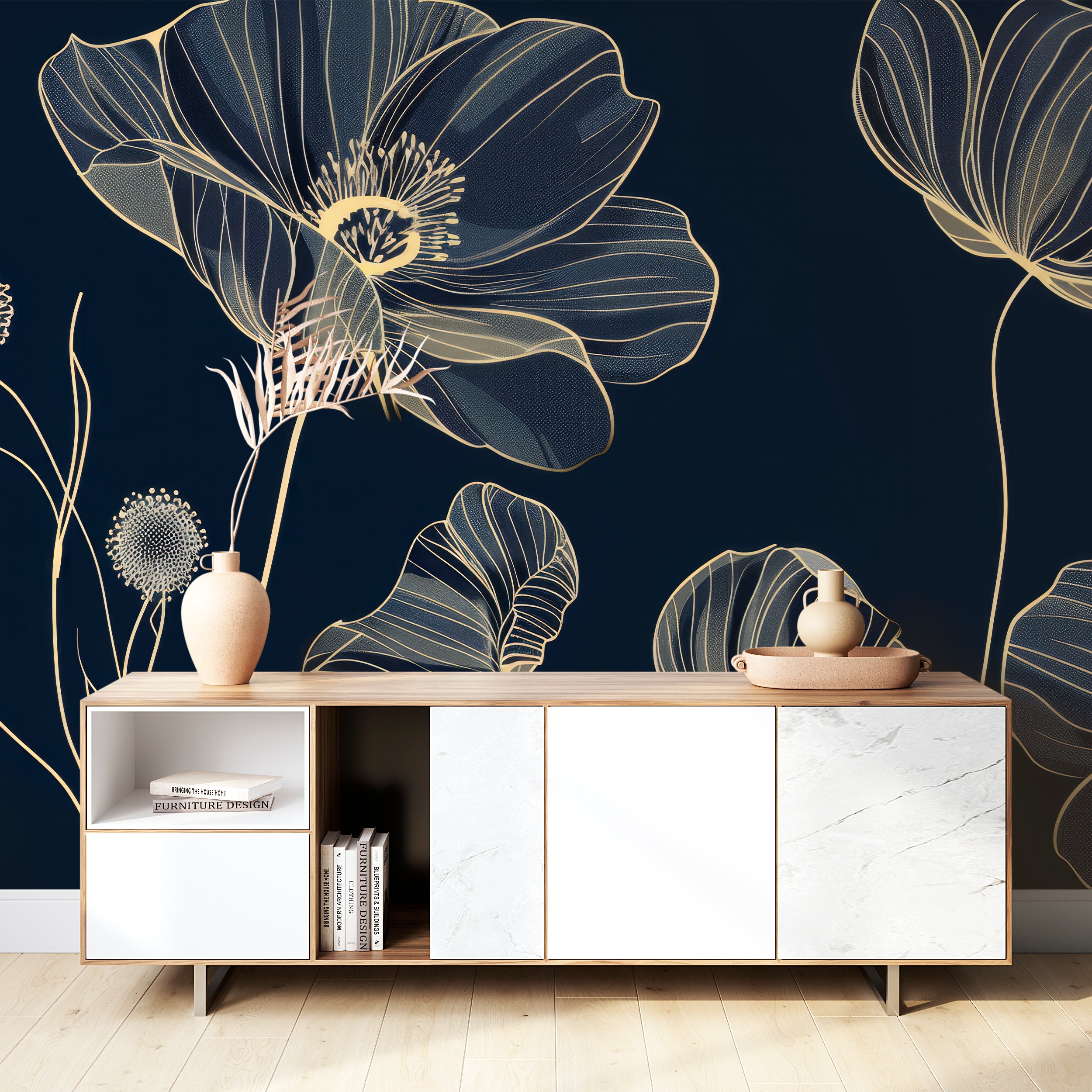 Cosmos Épanouis: Panoramic Midnight Blue Wallpaper with Floral Patterns