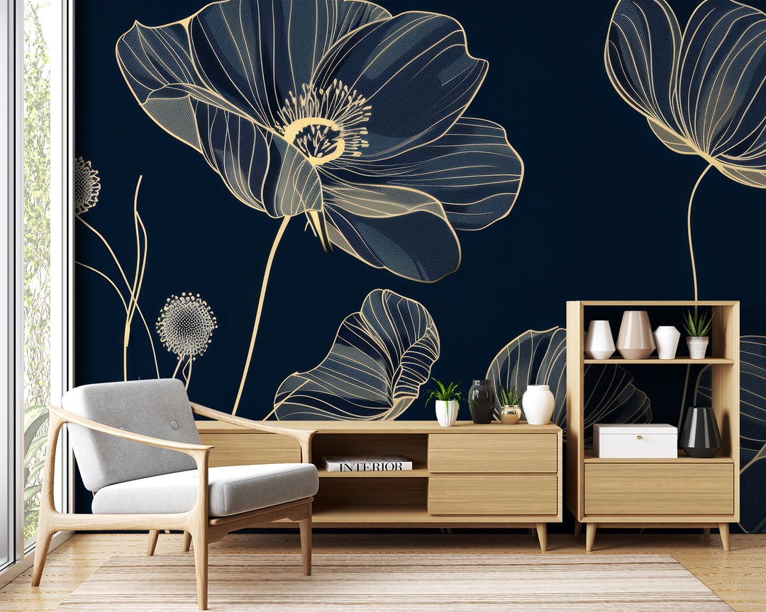 Cosmos Épanouis: Panoramic Midnight Blue Wallpaper with Floral Patterns