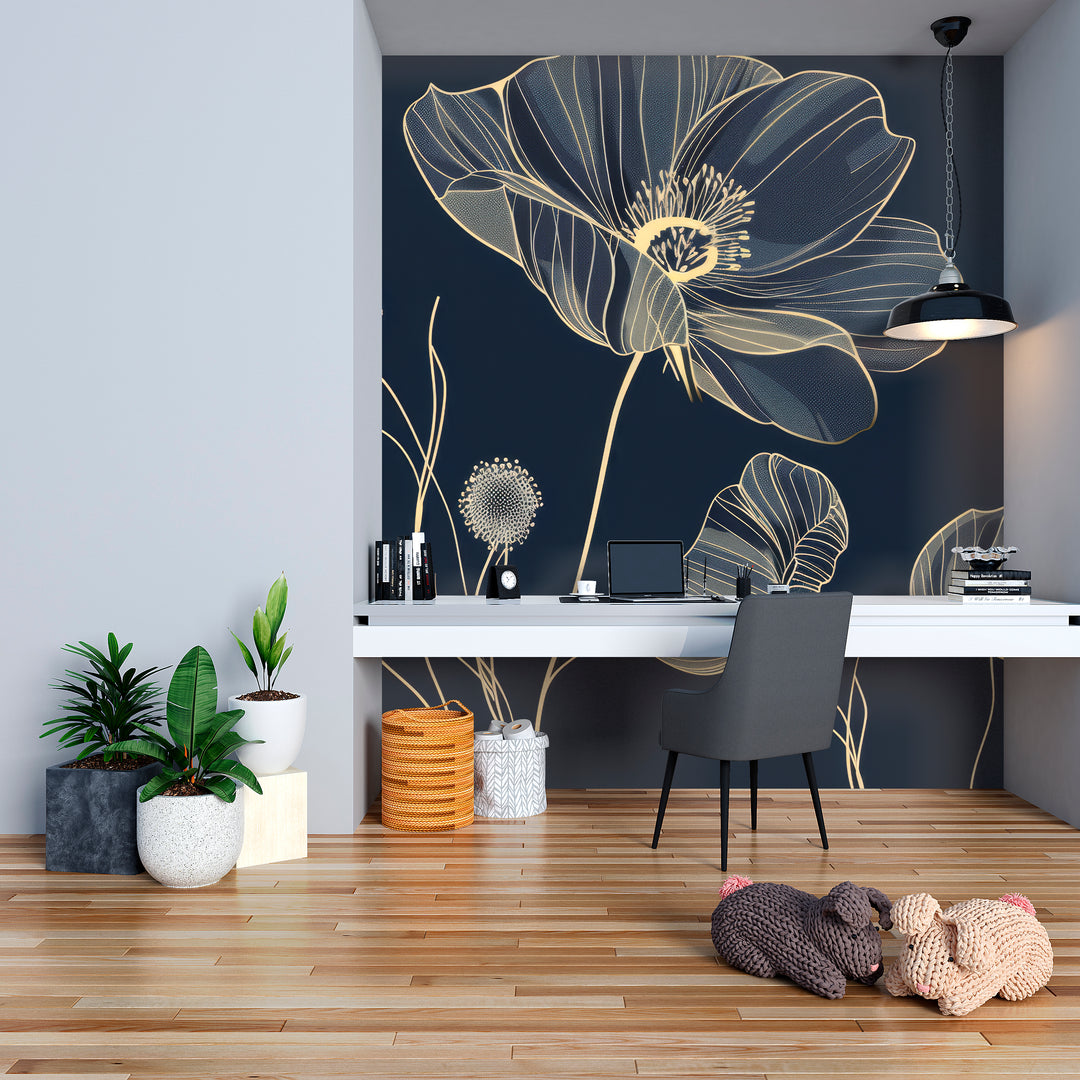 Cosmos Épanouis: Panoramic Midnight Blue Wallpaper with Floral Patterns