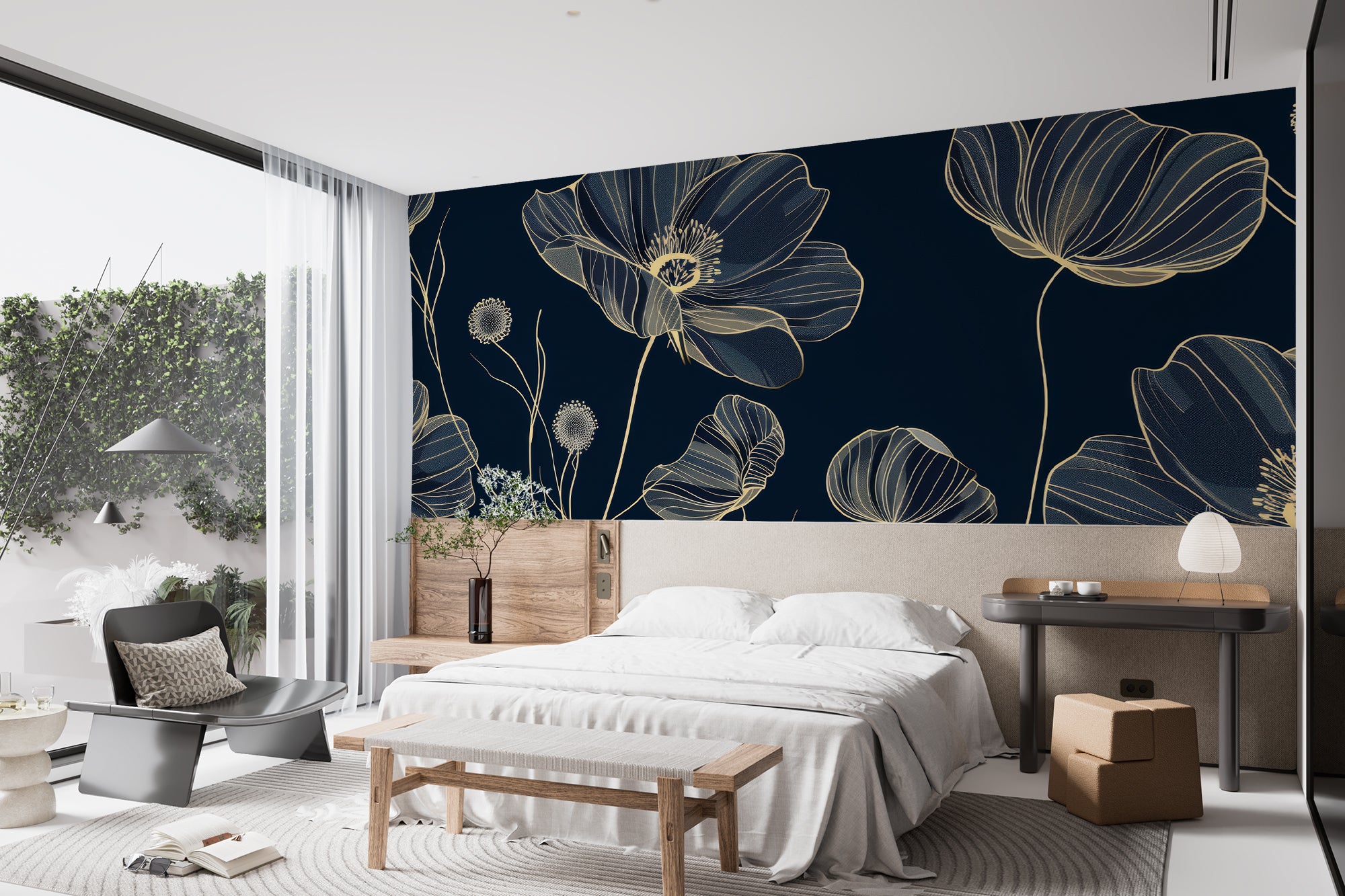 Cosmos Épanouis: Panoramic Midnight Blue Wallpaper with Floral Patterns