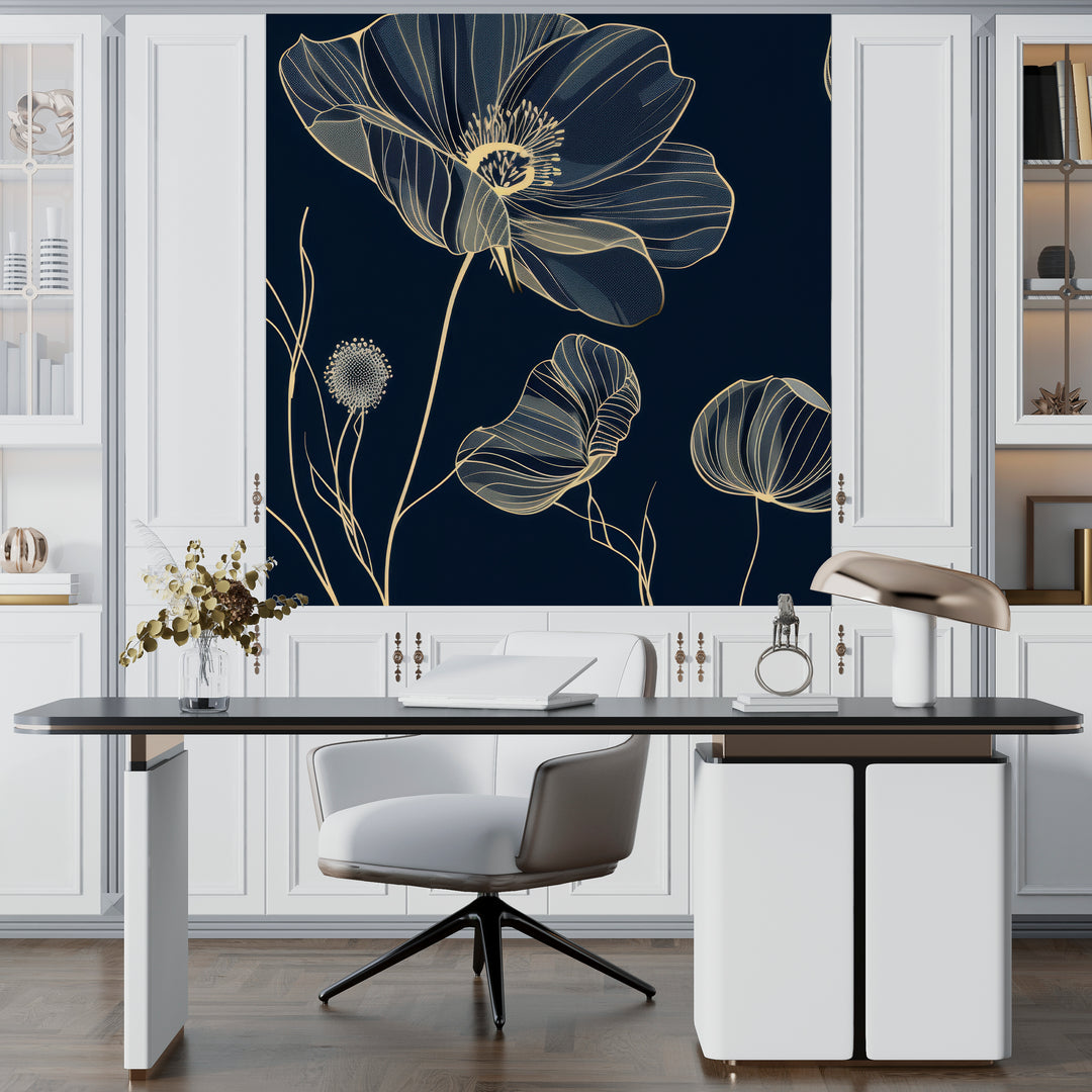 Cosmos Épanouis: Panoramic Midnight Blue Wallpaper with Floral Patterns