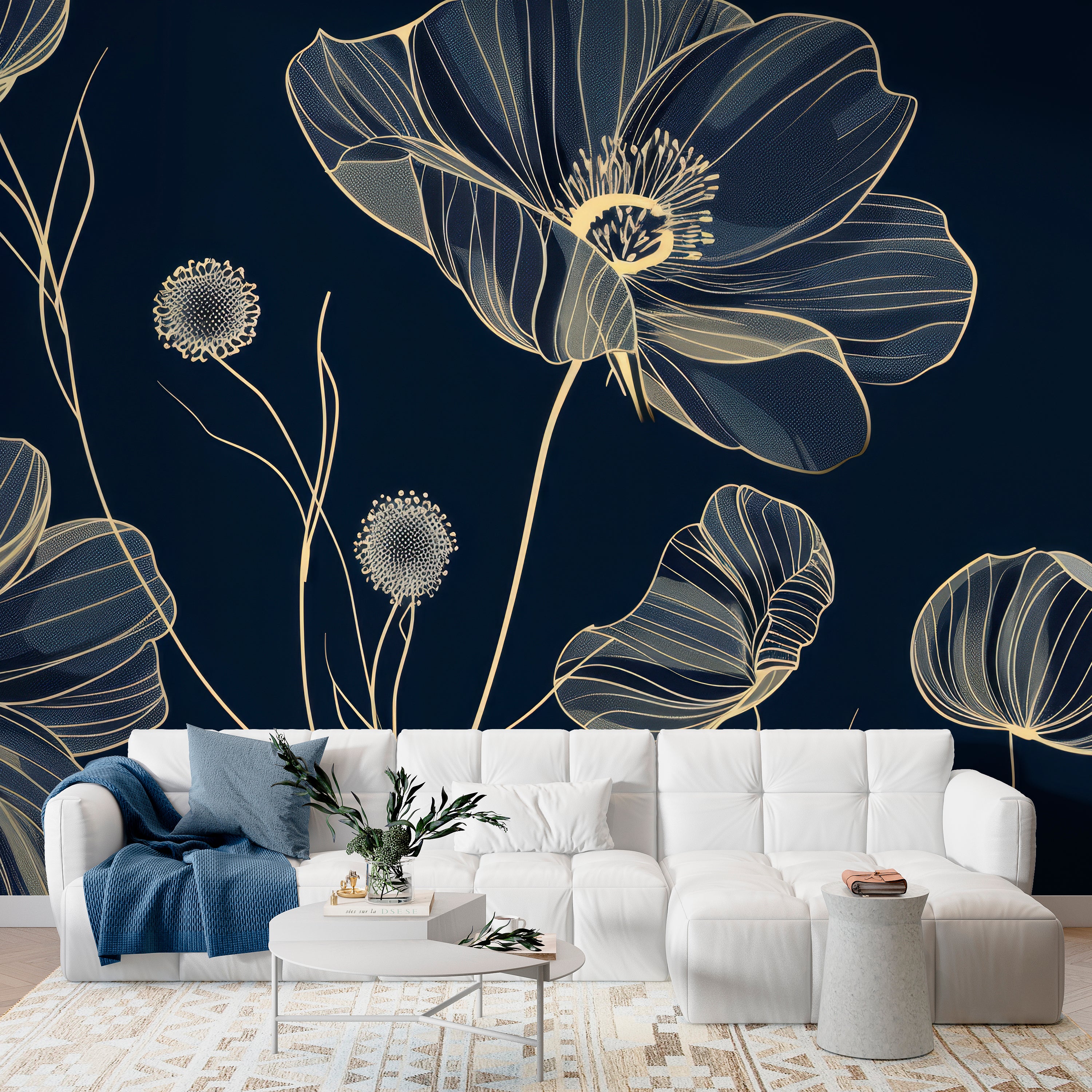 Cosmos Épanouis: Mitternachtsblaue Panorama-Tapete mit Blumenmustern