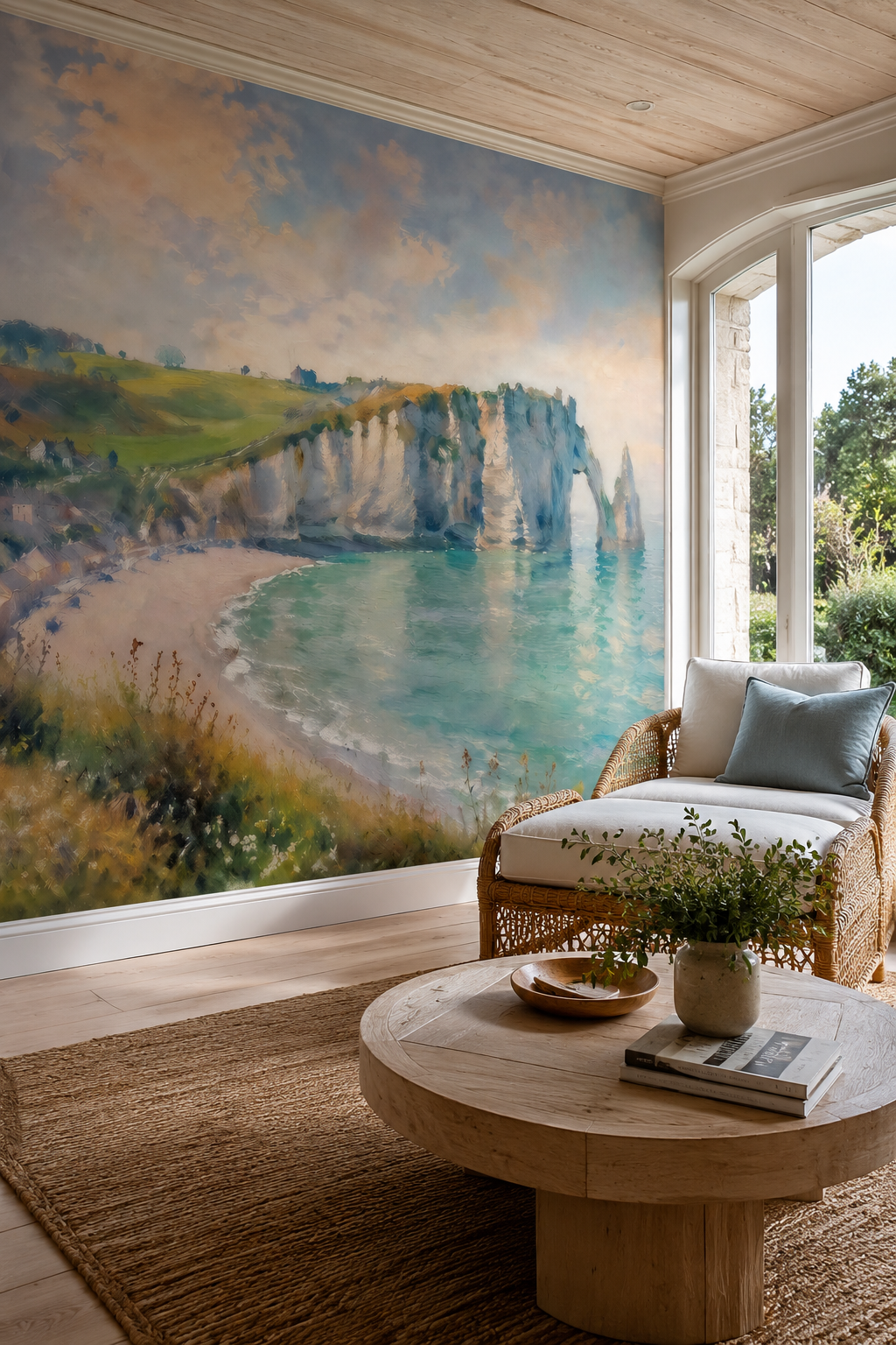 Papier peint panoramique paysage côtier des falaises d’Étretat avec mer calme et ciel lumineux