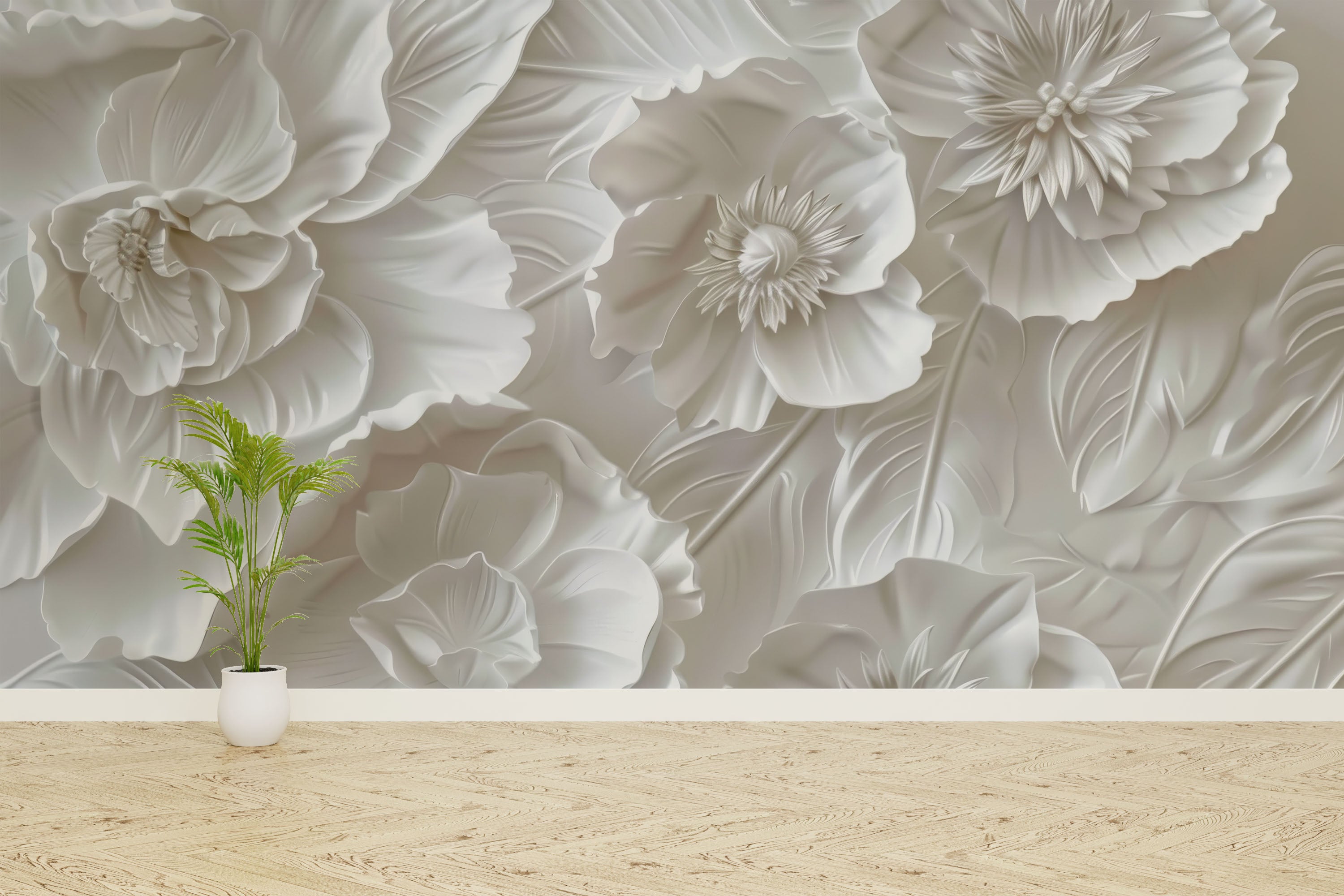 Delicatesse en Blanc : papier peint à motif de fleurs en 3D