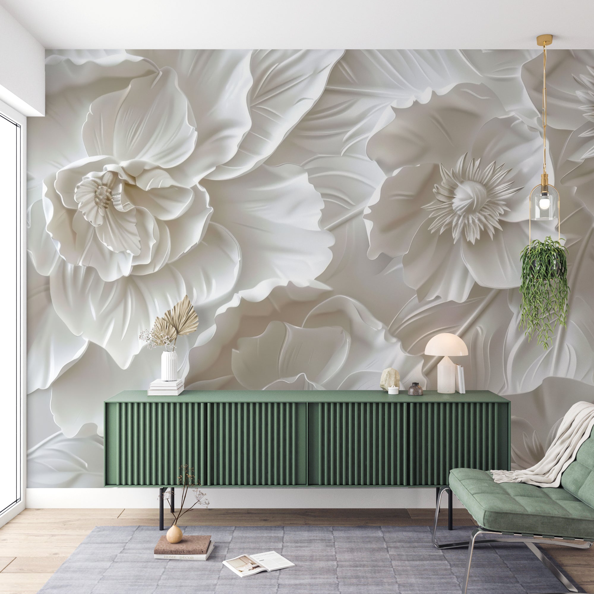 Delicatesse en Blanc : papier peint à motif de fleurs en 3D