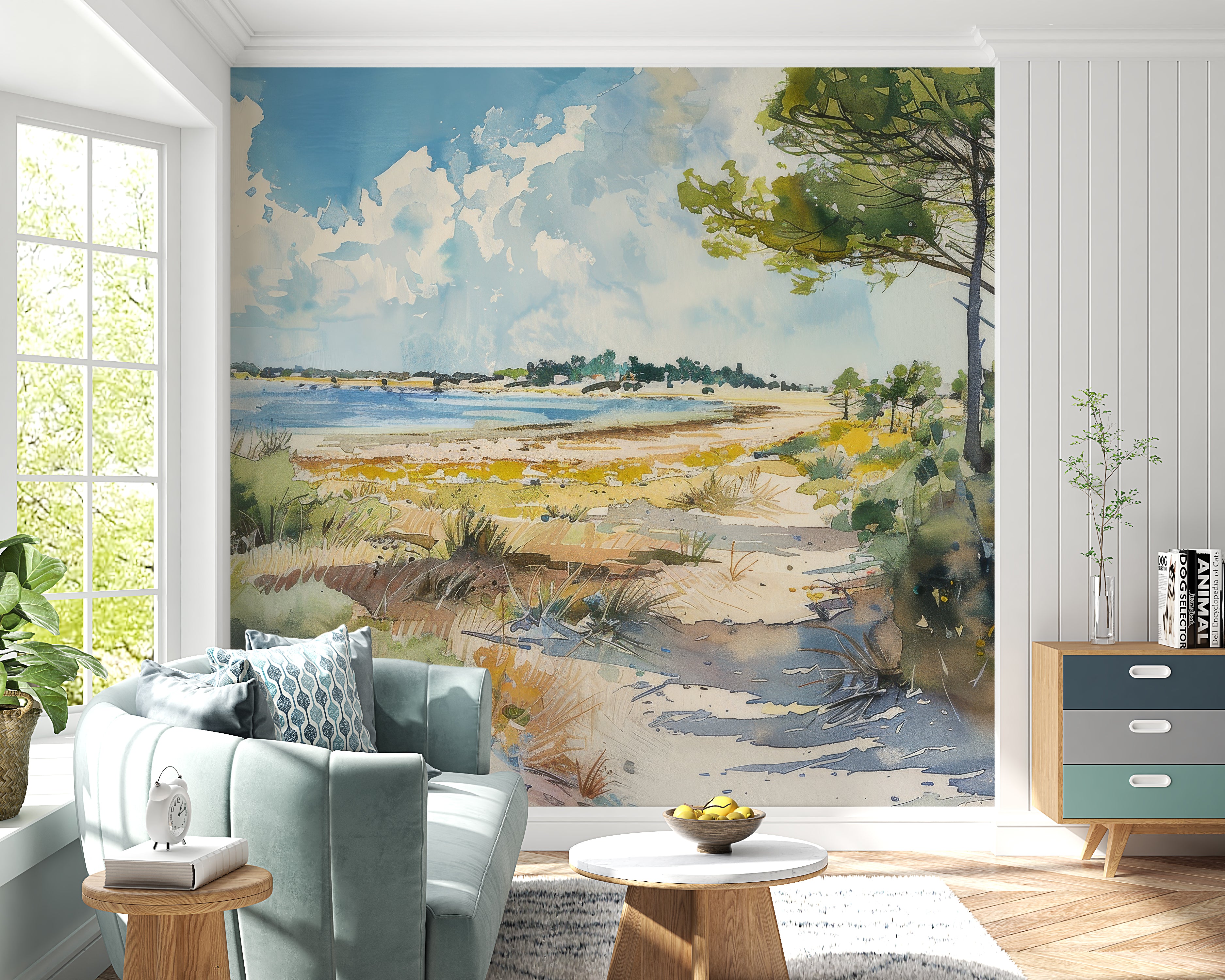 Coastal Softness: Panoramic Watercolor Wallpaper