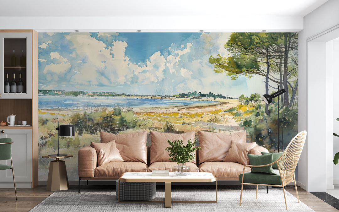 Coastal Softness: Panoramic Watercolor Wallpaper