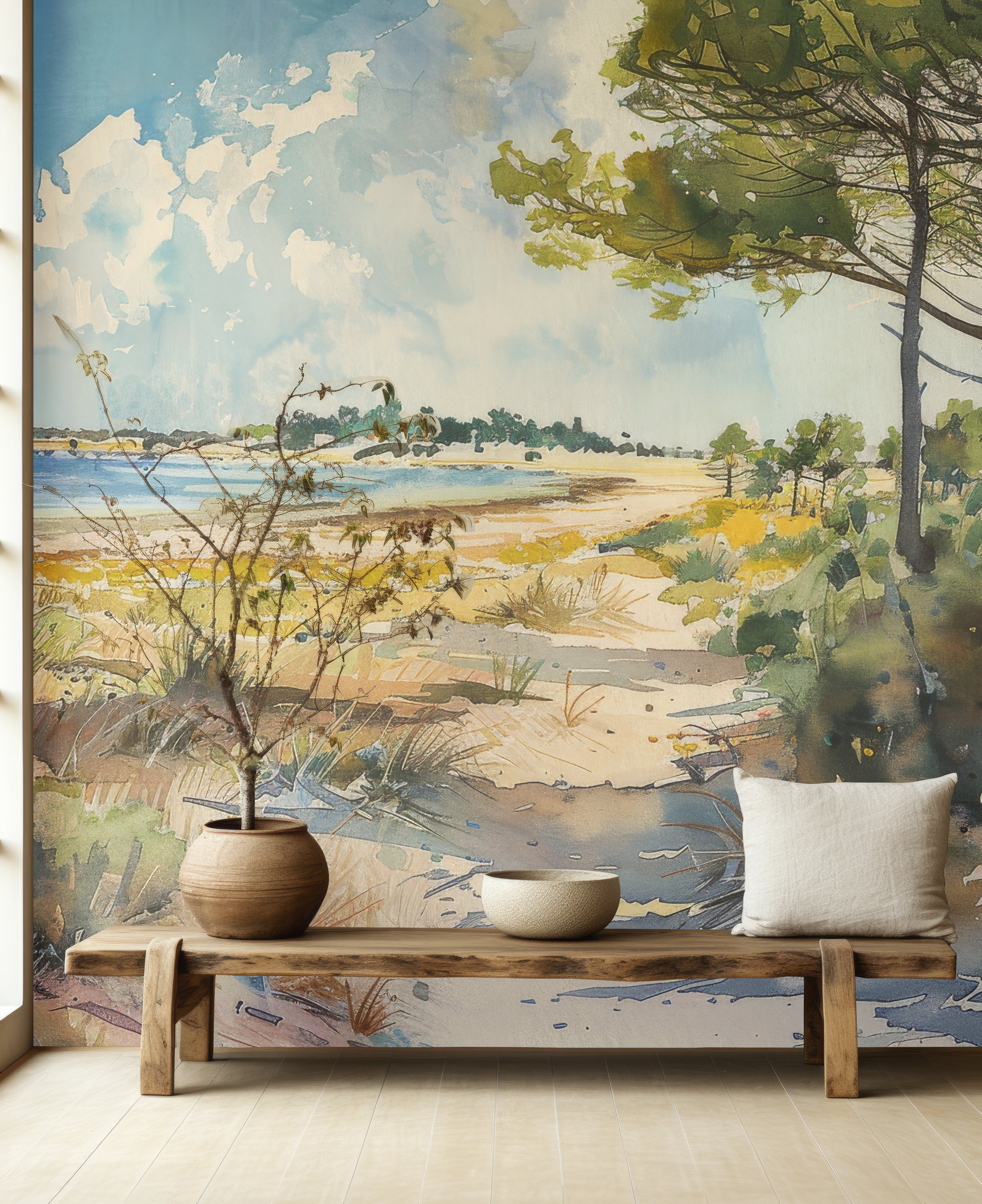 Coastal Softness: Panoramic Watercolor Wallpaper