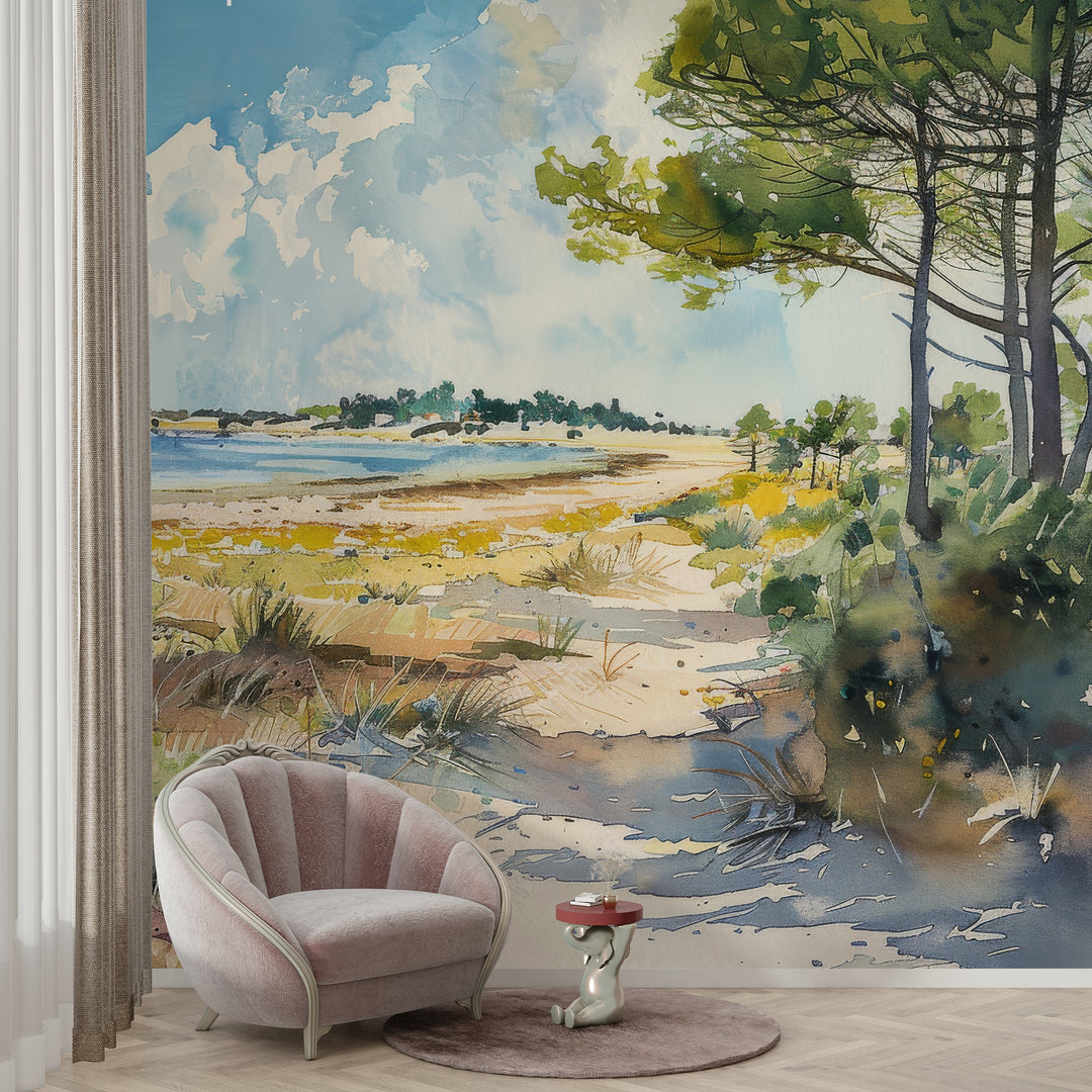 Coastal Softness: Panoramic Watercolor Wallpaper