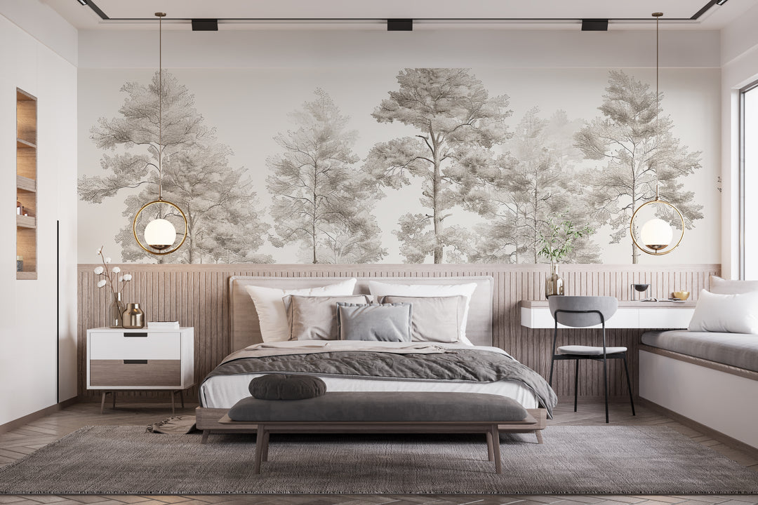 Sweetness of the woods - Panoramic Trees Wallpaper in Beige and Gray