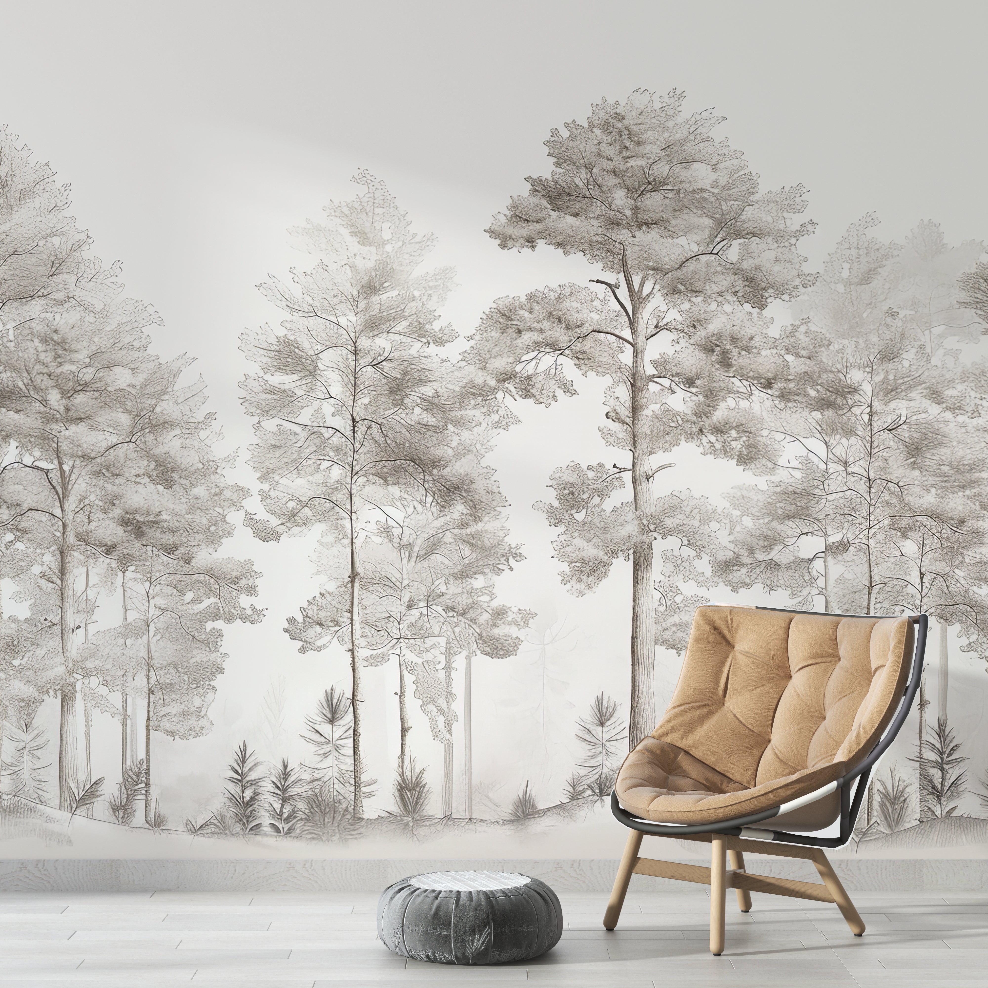 Sweetness of the woods - Panoramic Trees Wallpaper in Beige and Gray