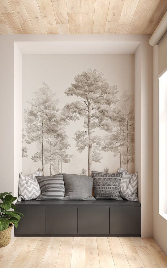 Sweetness of the woods - Panoramic Trees Wallpaper in Beige and Gray