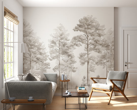 Sweetness of the woods - Panoramic Trees Wallpaper in Beige and Gray