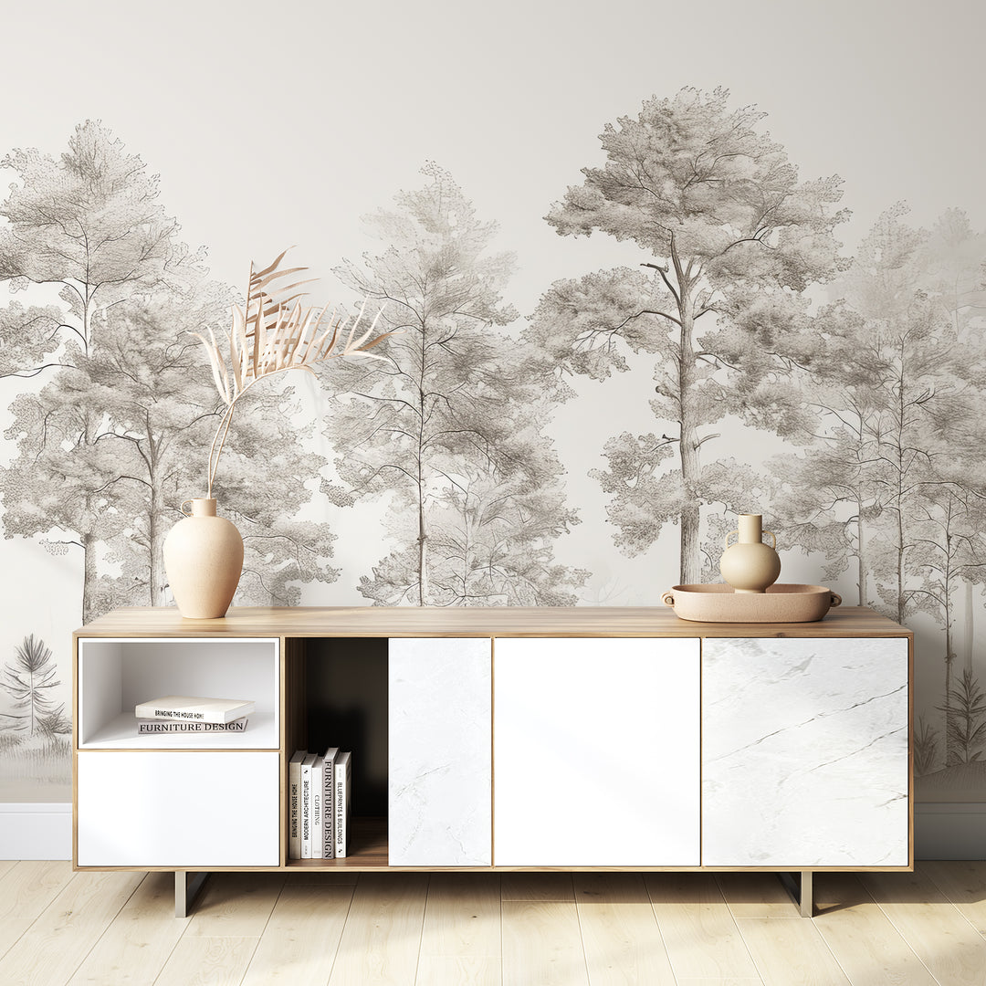 Sweetness of the woods - Panoramic Trees Wallpaper in Beige and Gray