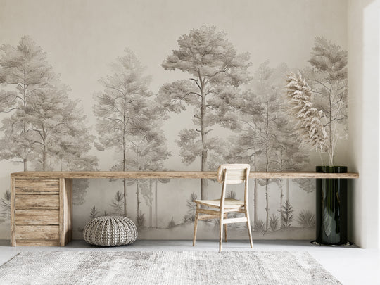 Sweetness of the woods - Panoramic Trees Wallpaper in Beige and Gray