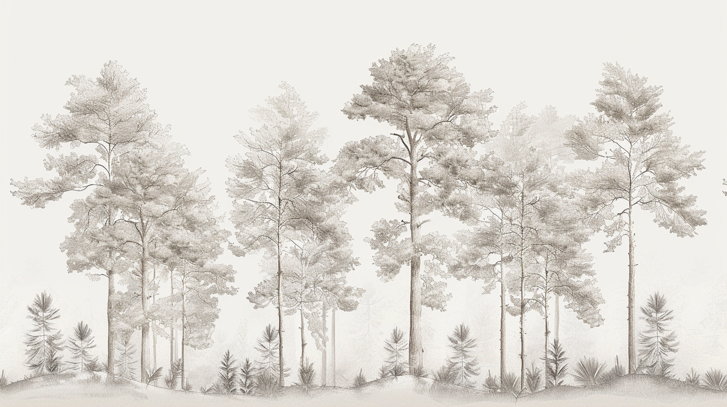 Süße des Waldes – Panorama-Bäume-Tapete in Beige und Grau